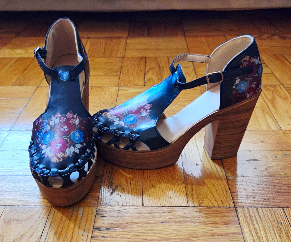 Women's Black Floral Peep Toe Platform Ankle Strap Block Heels Sz 8.5 4in Heel